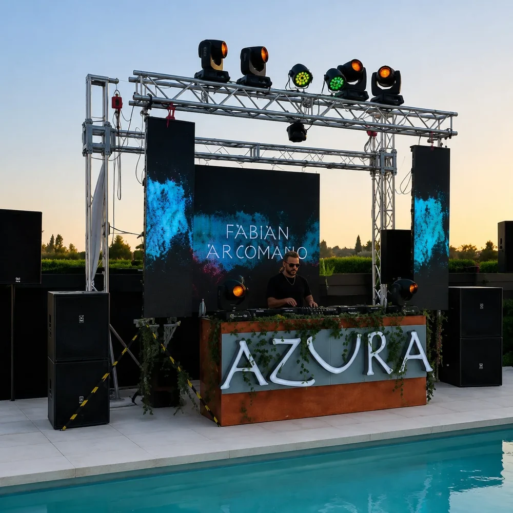 Outdoor poolside party setup with a DJ booth, truss lighting and LED backdrop screens